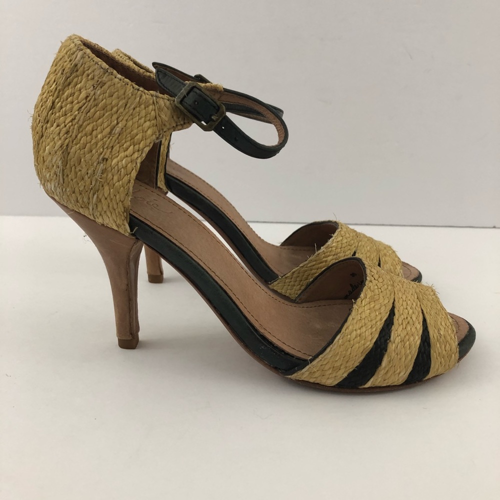 Joie Yellow Woven Straw and Black Ankle Strap Heels